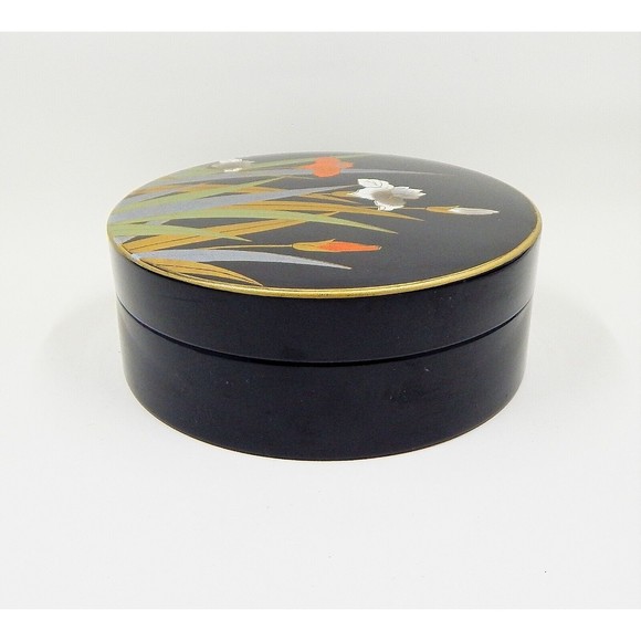 Otagiri Laquerware Coasters Iris Floral Set of 6 Black Orange MCM Made In Japan - Picture 4 of 12